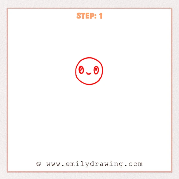 how to draw a cartoon flowers - Step 1 of how to draw cartoon flowers—A simple circular flower center is drawn with two oval eyes and a small smiling mouth.